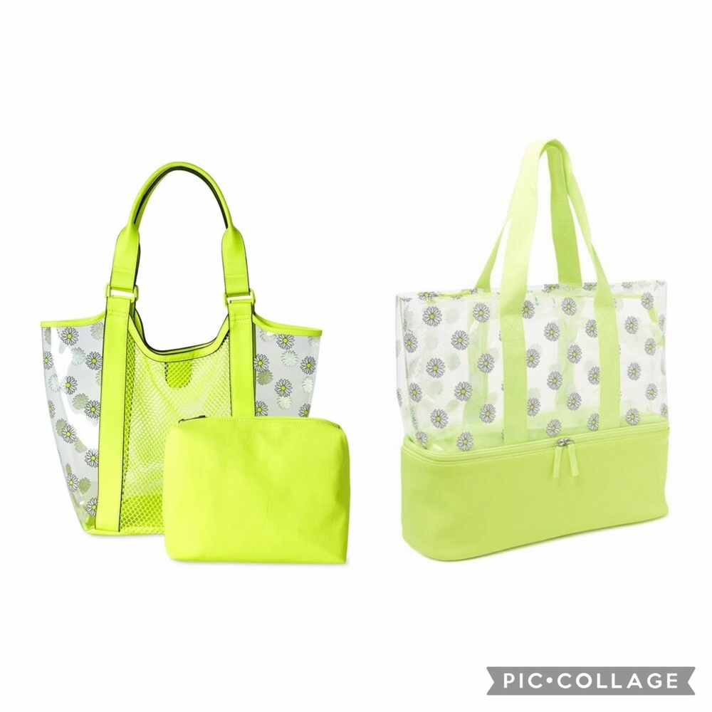 Daisy Print Vinyl Tote Bag Set-Neon Yellow-Festival Tote Set-Cooler Tote Bag